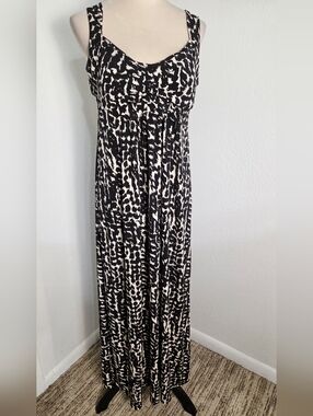 NY Collection Black & Cream Print Maxi Dress with Clear Sequins, Size Large